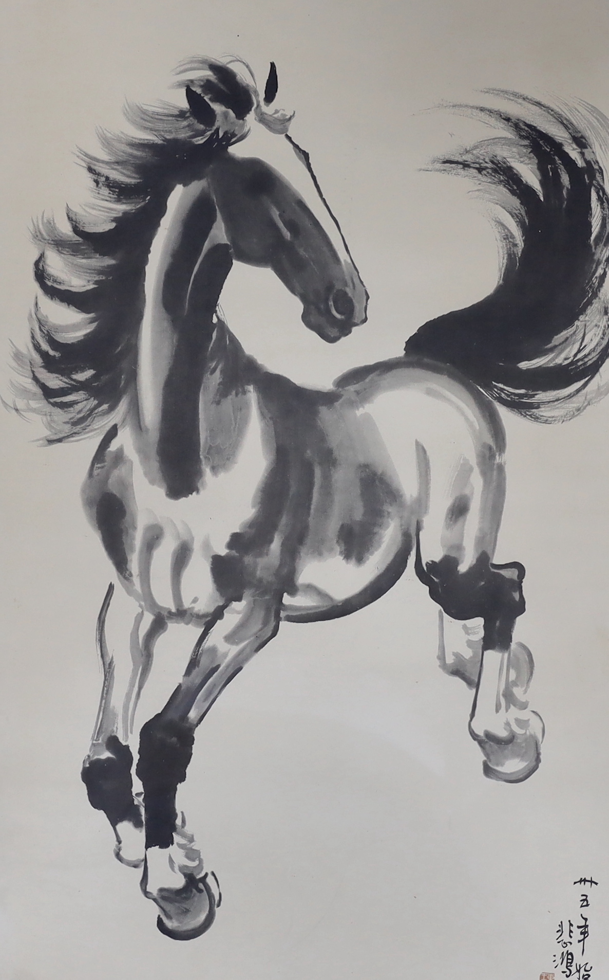 Two Chinese monochrome prints including one after Xu Beihong (1895-1953), Study of a horse, largest 64 x 39cm